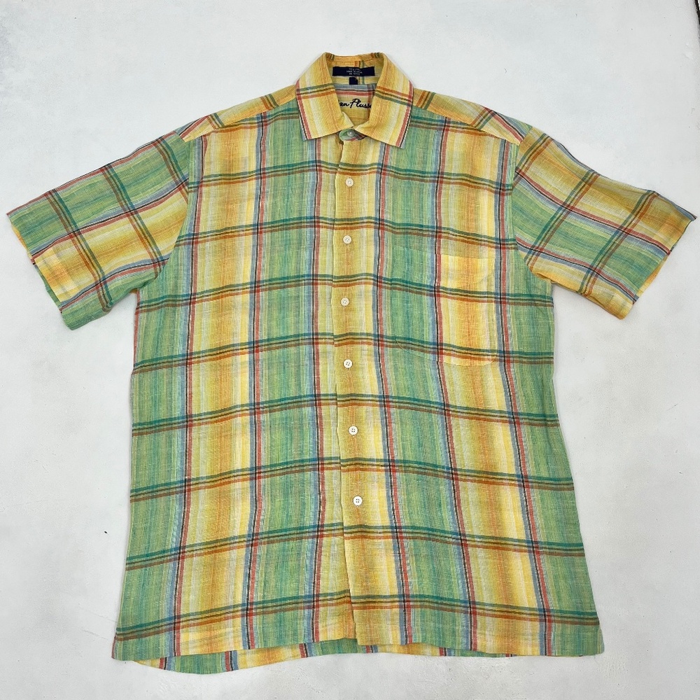 Alan Flusser Shirt Small Madras Plaid Colorful Linen Button Up Short Sleeve Mens